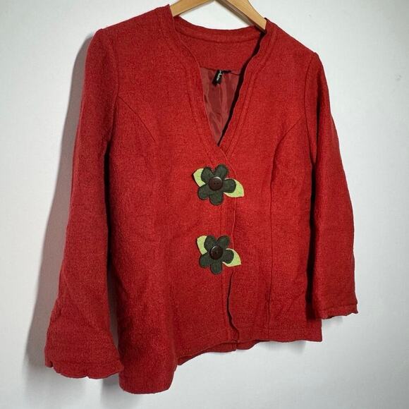 Vintage Ambition Jacket Women M Red Wool Blend Floral Snap Closure Cottage Boho - Picture 3 of 8